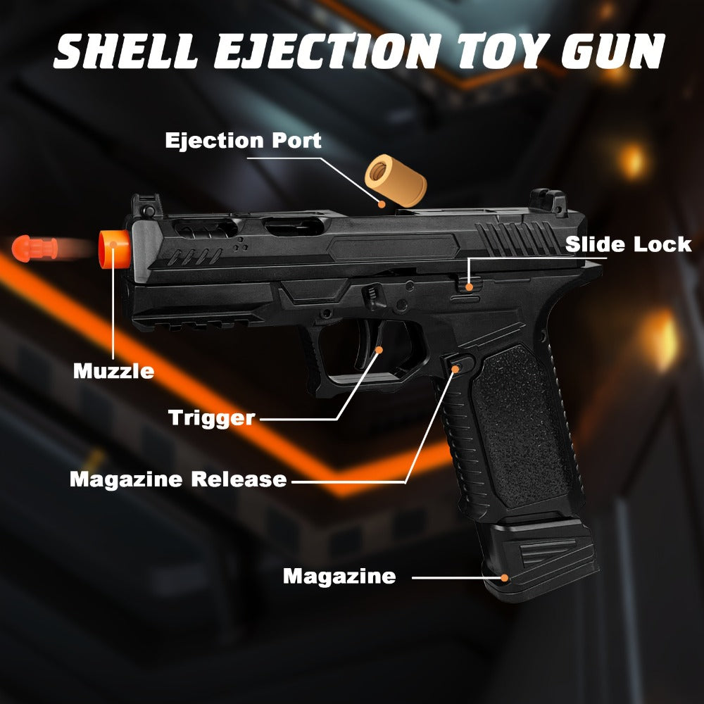 Bullet Toy Gun Pistol with Ejecting Shells & 100 Bullets, Semi- Rapid Fire Foam Blaster for Kids Boys Ages 6+