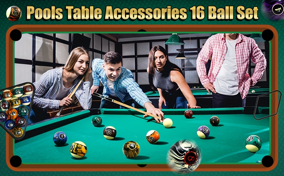 20-Piece Pool Ball and Cue Set with 16 Graphic Billiard Balls, Two Cues and Two Ball Racks