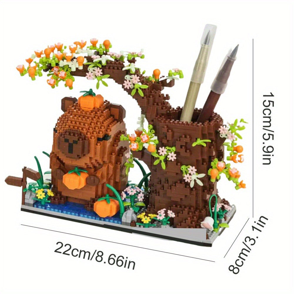 Building Block Set Capybara Pen Holder, 1880 Micro Pieces with Flowering Tree, Pencil Storage and 22cm Base