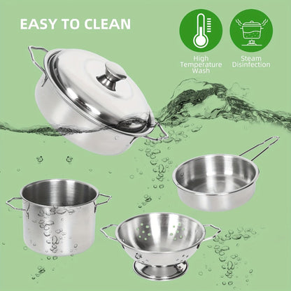 Kids Kitchen Playset 37pcs, Stainless Steel Play Pots & Pans Set with Apron, Chef Hat, Cooking Utensils & Play Food