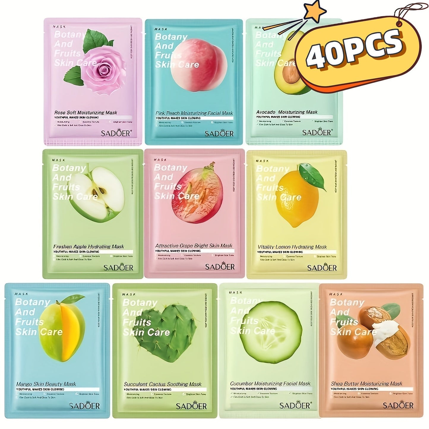 Forty-Piece SADOER Sheet Mask Assortment with Individually Packed Fruit and Rose Pouch Labels
