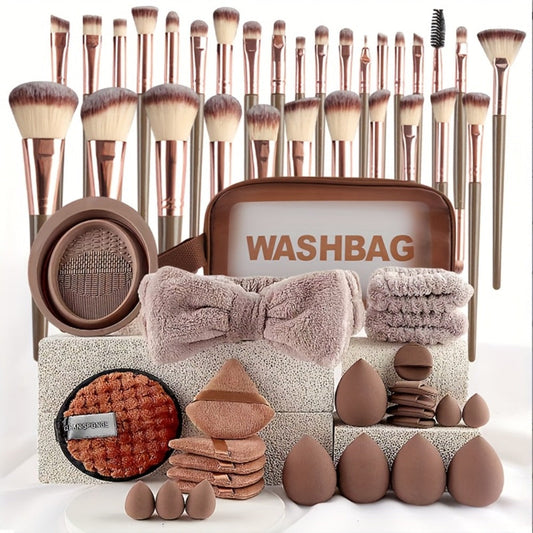 Makeup Brush Set, 56-Piece Polyester Bristle Collection with Wood Handles in Beige, Pink or Brown Color Options