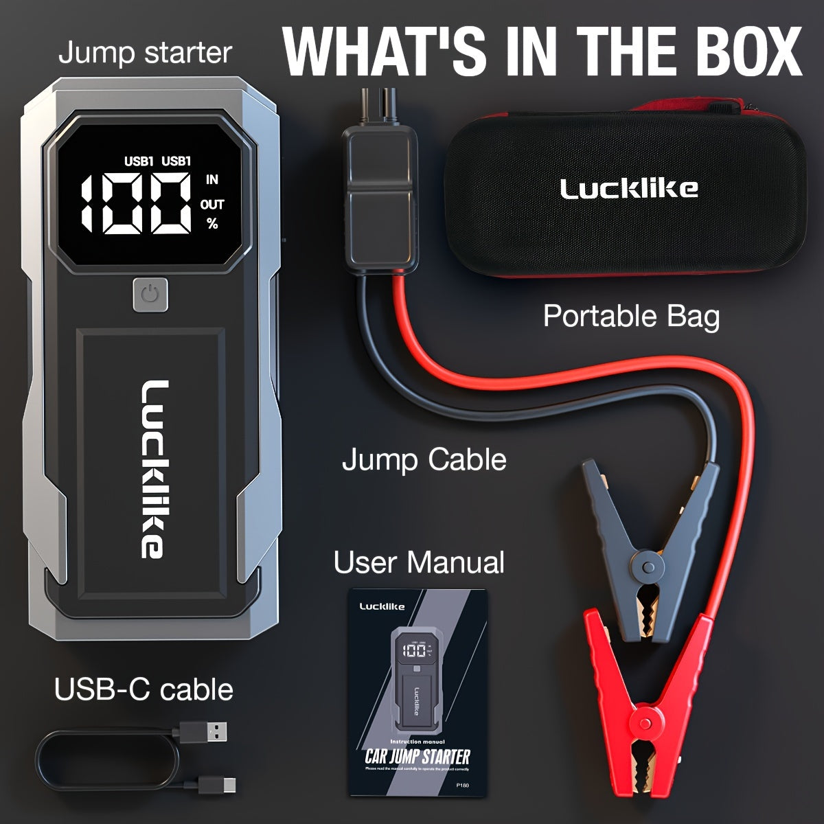 Battery Jump Starter 5000A 3000A Peak for Gas Diesel Engines QC3.0 18W Fast Charge USB-C Recharge for Garden, Patio and Yard Use