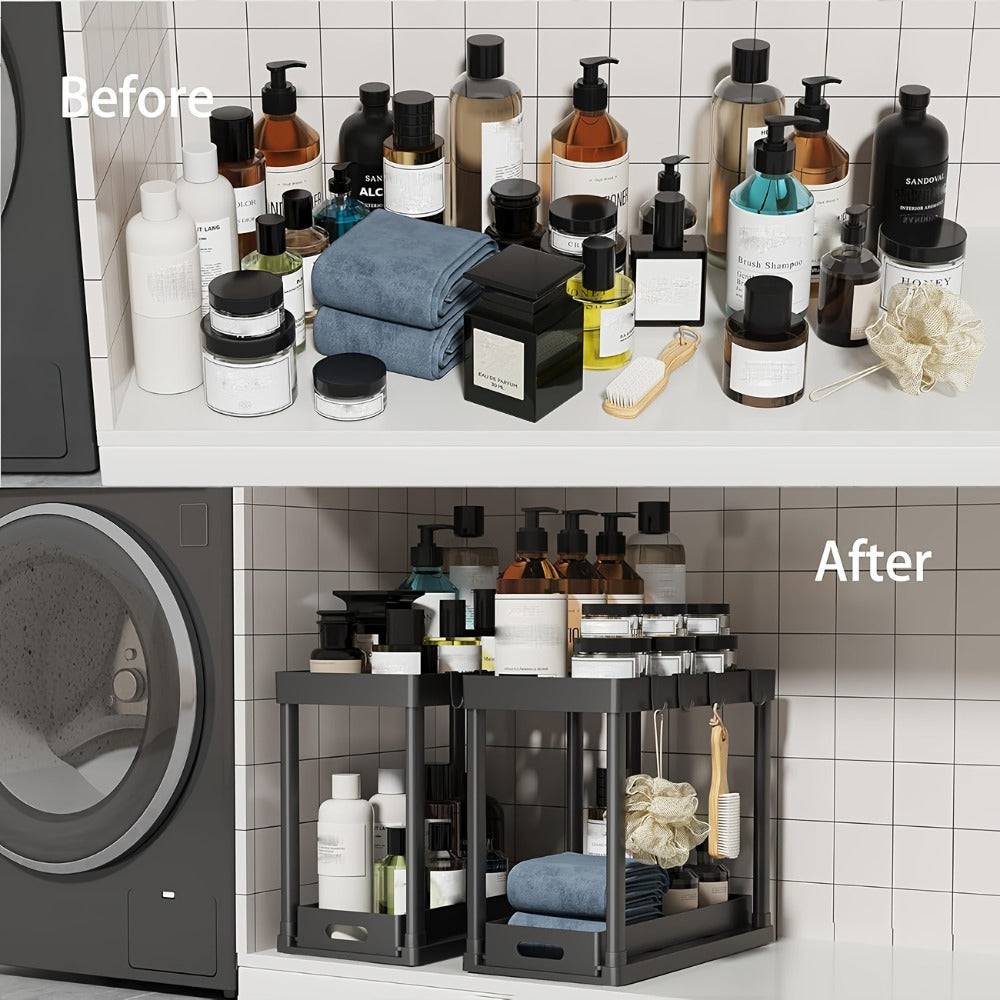 Under Sink Storage Organizer 2-Piece Double-Tier Sliding Basket with 8 Hooks in Four Color Styles