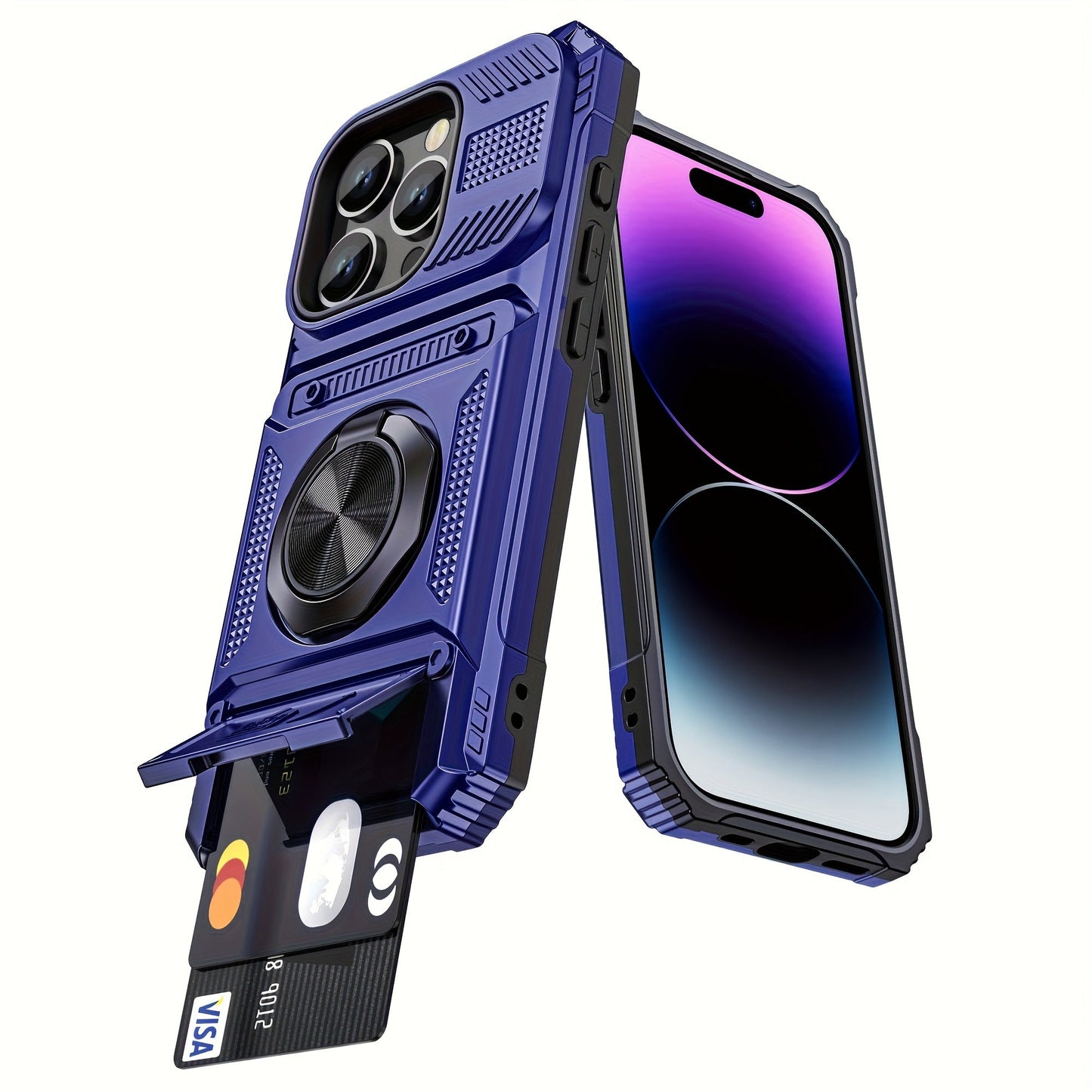 Phone Case Dual-Card Hard Shell Cover with 360-Degree Ring Kickstand for Select iPhone 14, 16 and 17 Models