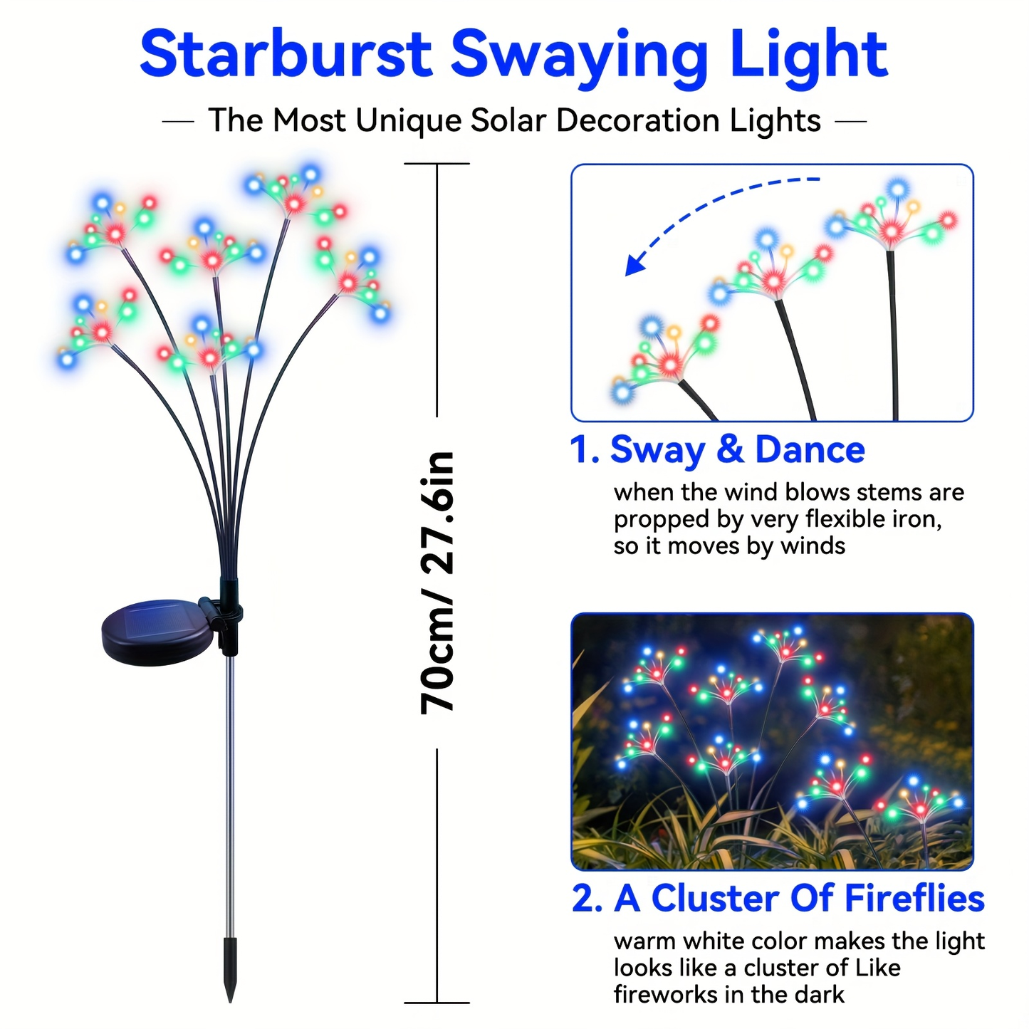 Solar Garden Lights 4-Pack Swaying Firework Stakes with Two Modes and Six Colors for Flowerbed Decor