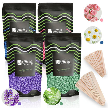 Hard Wax Beads for Hair Removal - 4 Colors Wax Beans with 20 Wood Sticks, Brazilian Bikini Wax Kit for Women & Men
