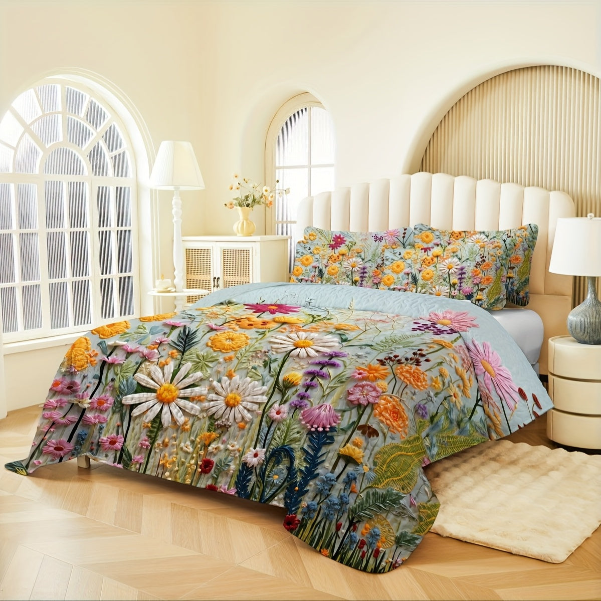 Boho Quilt Comforter Set Twin Full Queen King – Floral Bedding Lightweight Soft Microfiber Reversible Bedspread for Women Girls 2/3 Pcs