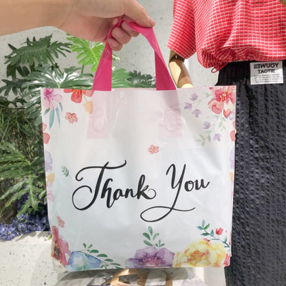 Thank You Gift Bags 50pcs Plastic Flower Print Handle Bags Reusable Shopping Tote for Party Birthday Wedding Halloween Christmas