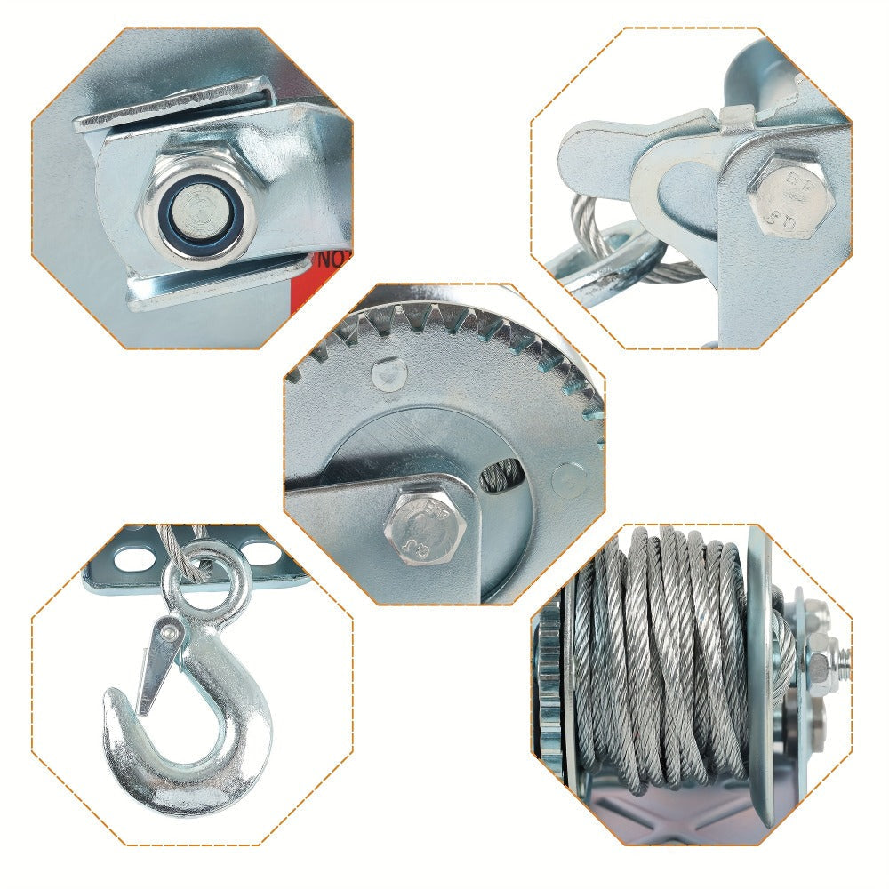 Manual Hand Winch Carbon Steel 800- - Double Brake Safety System, Strap Winch with Mooring Hook & Safety Pawl