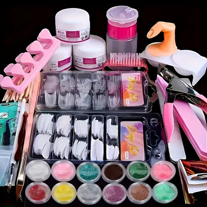 Acrylic Nail Kit 23-in-1 Complete Set with 12 Glitter Colors White & Pink Powder – DIY Nail Extension System No Glue No Liquid Needed
