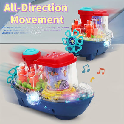 Interactive Sensory Boat Toy for Toddlers 2+, Underwater Ocean Theme with Fish & Coral, Rotating Scroll Screen & Music
