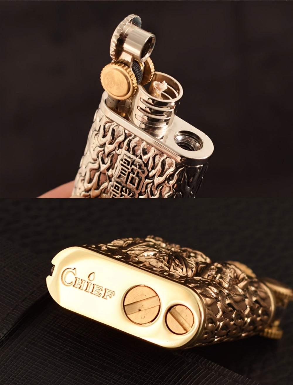 Kerosene Lighter 2-in-1 Permanent Match Flint Wheel Refillable, Golden Windproof Pocket Lighter with Built-In Match Strike