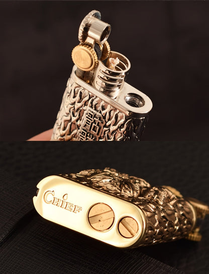 Kerosene Lighter 2-in-1 Permanent Match Flint Wheel Refillable, Golden Windproof Pocket Lighter with Built-In Match Strike