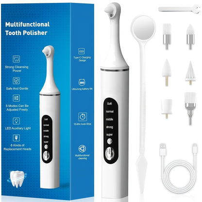 Tooth Polisher Rechargeable, 6 Brush Heads & 5-Speed Settings, Electric Teeth Polishing Tool for Plaque Removal