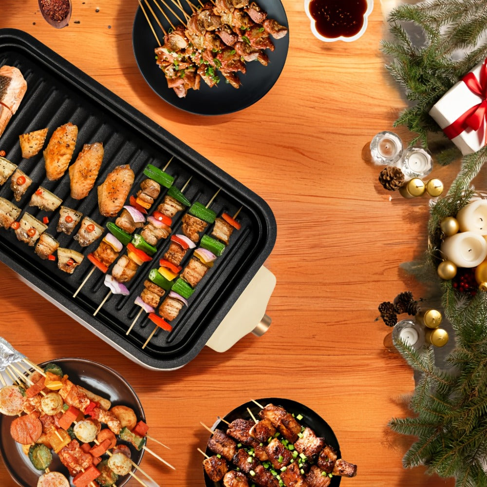 Indoor Electric Smokeless Grill 1500W, Raclette Table Grill with 3 Mini Pans, 16x9" Non-Stick Detachable Plate