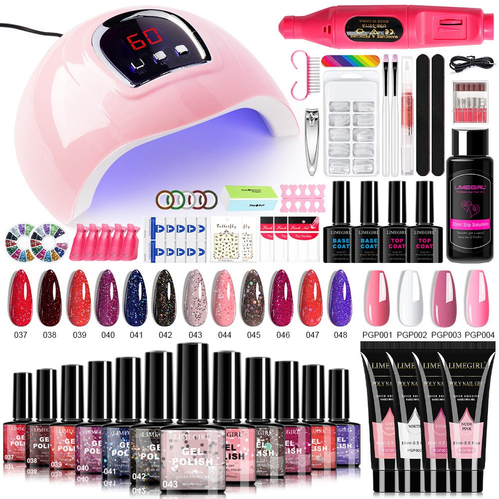 Gel Nail Polish Kit with UV Lamp & Electric Nail Drill – 12 Colors Gel Polish Set, Poly Extension Gel, Top &