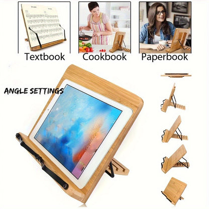 Bamboo Book Stand Adjustable Foldable Portable Reading Stand with Page Clips for Cookbook Tablet E-Reader Textbook Sheet Music Desk Holder
