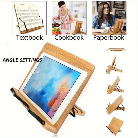 Bamboo Book Stand Adjustable Foldable Portable Reading Stand with Page Clips for Cookbook Tablet E-Reader Textbook Sheet Music Desk Holder