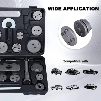 Brake Caliper Wind Back Tool Kit 26-Piece – Brake Caliper Compression Tool Set with 18 Disc Adapters, Thrust Bolt Assemblies