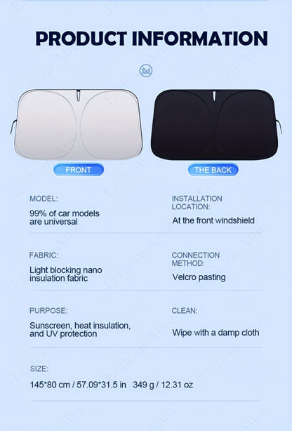 Windshield Sun Shade with Hook & Loop Closure – Foldable Front Window UV Ray Blocker, Dashboard Heat Protector