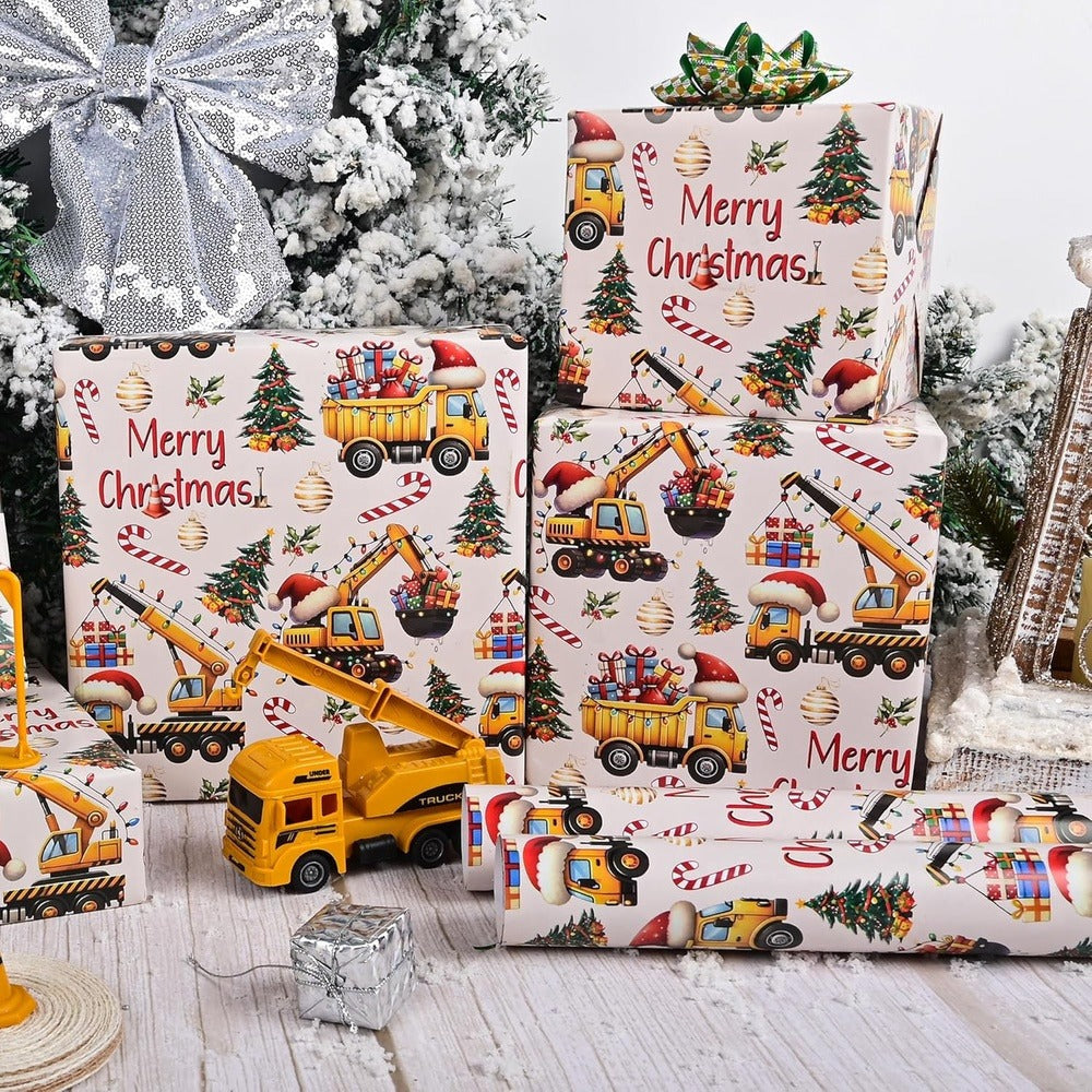Christmas Wrapping Paper Construction Vehicles – Dump Trucks Excavators Tractors Gift Wrap for Boys Girls, 58"x23" Roll (28.5 Sq Ft)