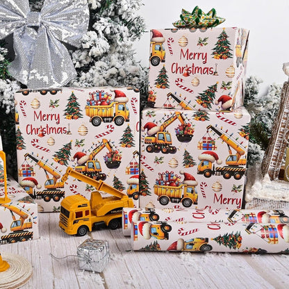 Christmas Wrapping Paper Construction Vehicles – Dump Trucks Excavators Tractors Gift Wrap for Boys Girls, 58"x23" Roll (28.5 Sq Ft)