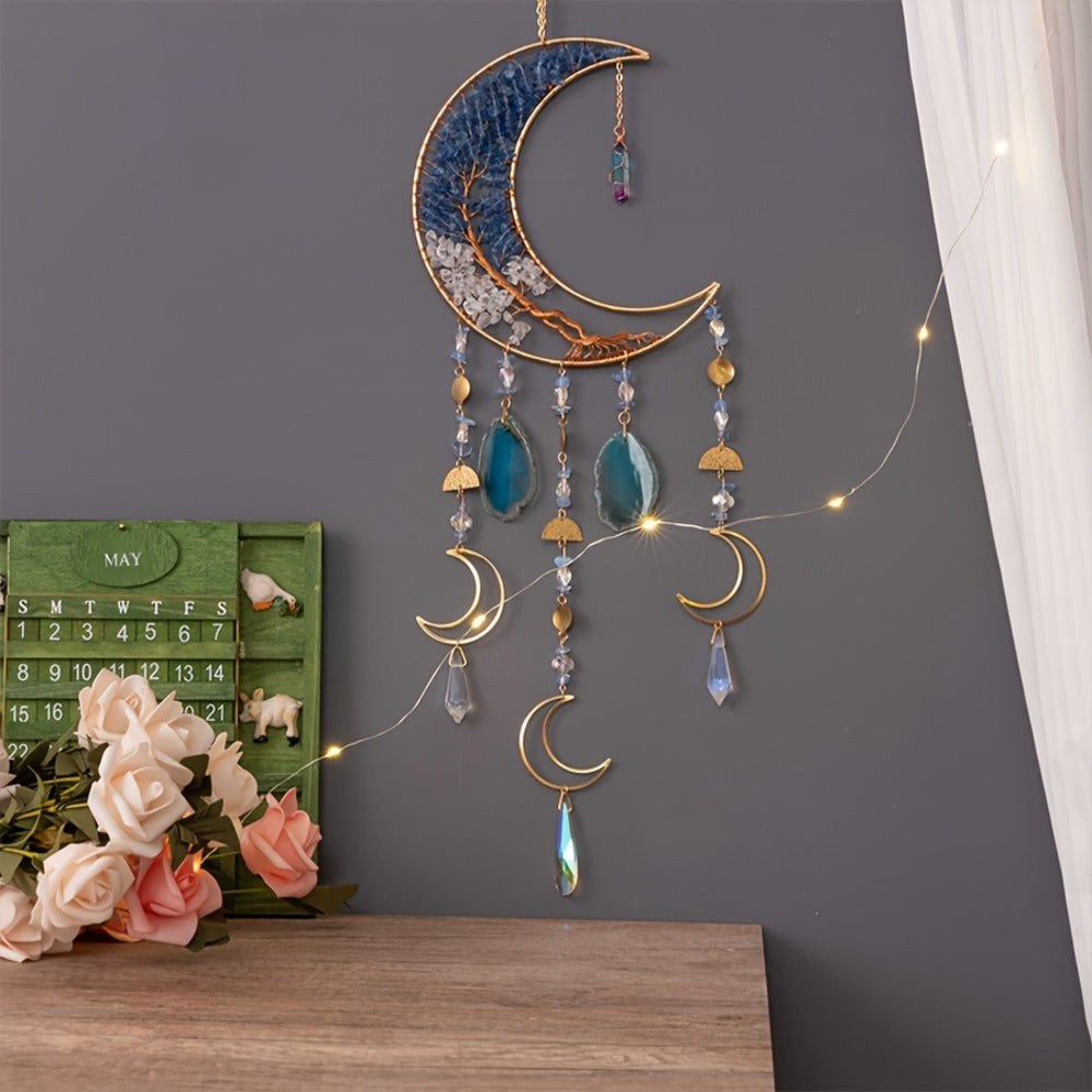 Dreamcatcher Moon Suncatcher Wall Hanging, Handmade Boho Wind Chime Pendant for Indoor Outdoor Garden