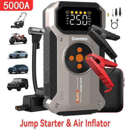 5000A Peak Jump Starter with Air Compressor 150PSI Digital Tire Inflator for 12V Gas Diesel Vehicles – Portable Car Battery Booster USB