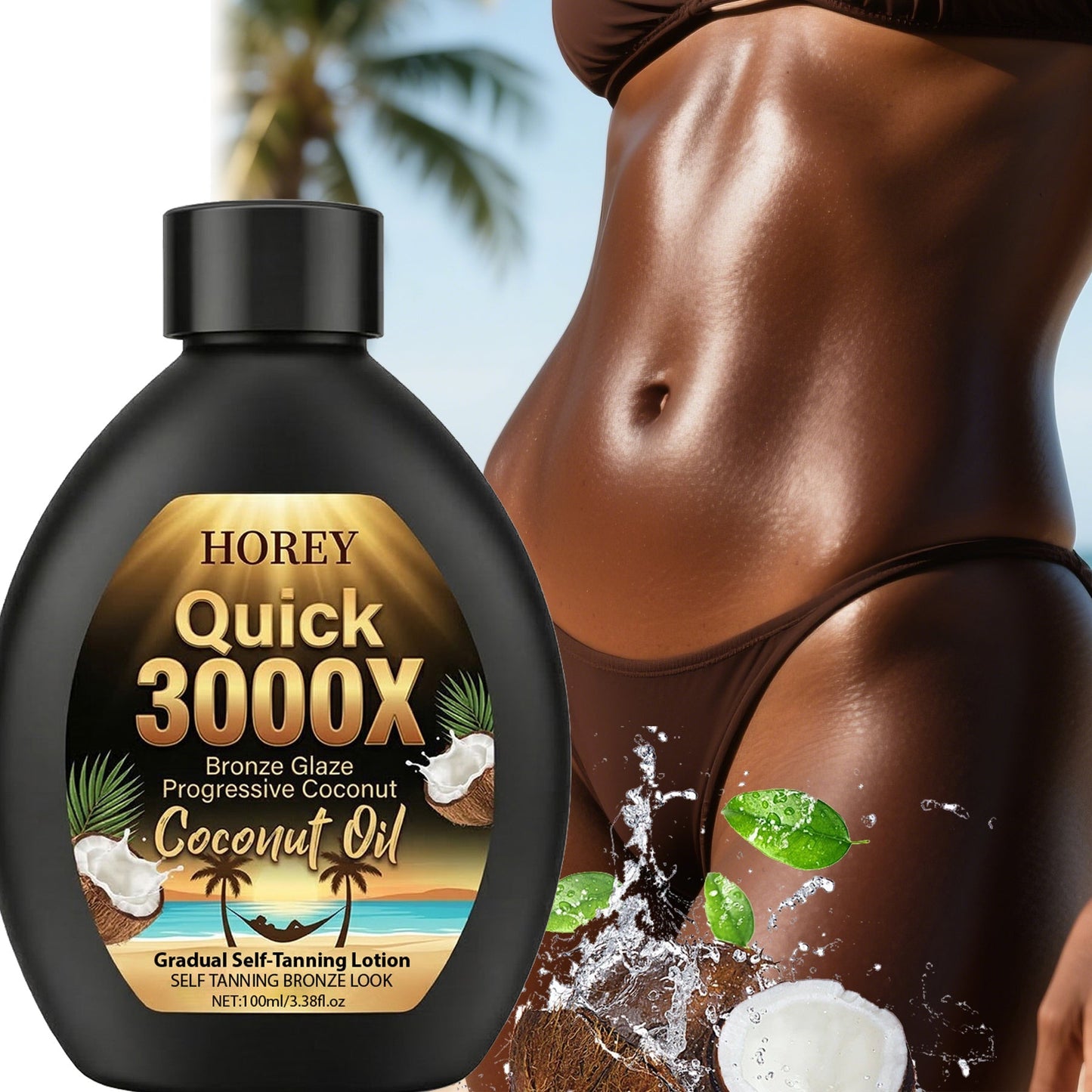 Coconut Oil Self-Tanning Lotion 100ml in Black Flip-Cap Bottle with Gold Label for Body Application