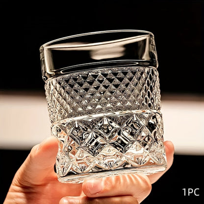 Single Embossed Whiskey Tumbler with Square Rim, Diamond-Cut Pattern and Thick Clear Base for Home Bar Service