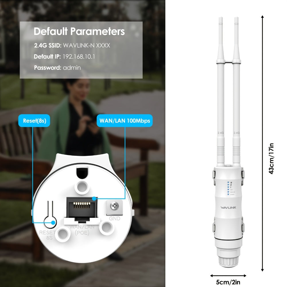 WAVLINK N300 Outdoor PoE WiFi Access Point 300Mbps - 2x7dBi Antennas 150m Range, AP Router Repeater 4-in-1 Modes