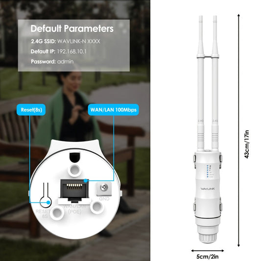 WAVLINK N300 Outdoor PoE WiFi Access Point 300Mbps - 2x7dBi Antennas 150m Range, AP Router Repeater 4-in-1 Modes