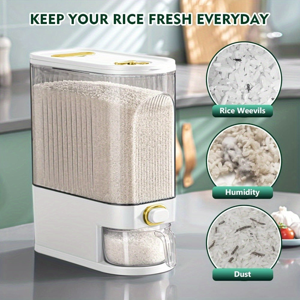 Rice Dispenser with Top-Fill Bin, Measuring Cup and 11 lb or 22.05 lb Gray and White Options