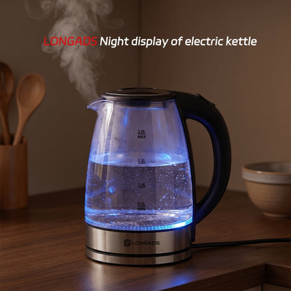 Electric Kettle by LONGADS, 2L 1000W Glass Body with Blue LED Indicator and Stainless Steel Heating Base