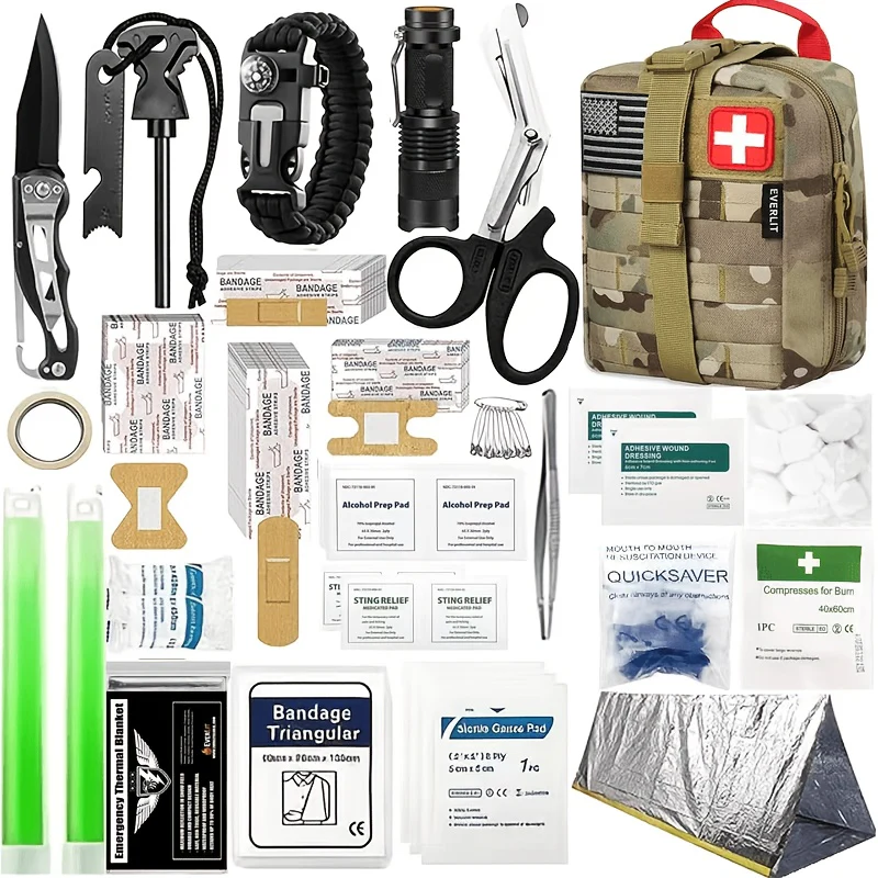 258-Piece Outdoor Tool and First Aid Supply Kit with Five Color-Labeled Molle Pouch Options