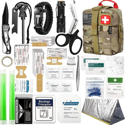 258-Piece Outdoor Tool and First Aid Supply Kit with Five Color-Labeled Molle Pouch Options