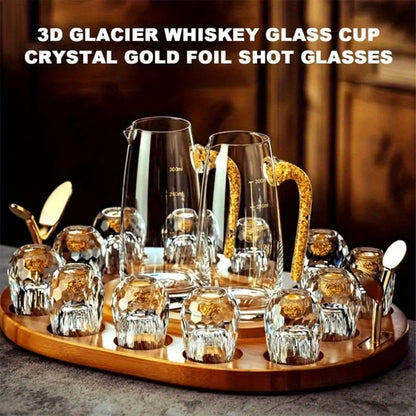 24K Gold Plated Crystal Wine Set – 1 Decanter & 6 Cups with Leakproof Crystal Glasses – Elegant Black Gift Box – Luxury Home Bar