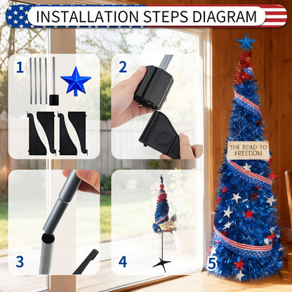 4th of July Decorative Tree 5ft LED Light, Foldable Patriotic Stars & Stripes Blue Christmas Tree with Red White Blue LED String Lights