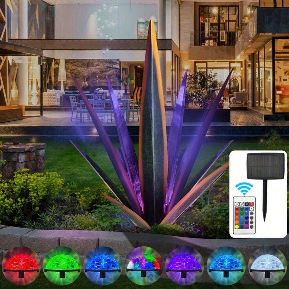 Solar Powered Agave Metal Sculpture Garden Statue – Hand-Painted Rustic Agave Figurine with LED Light & Remote Control