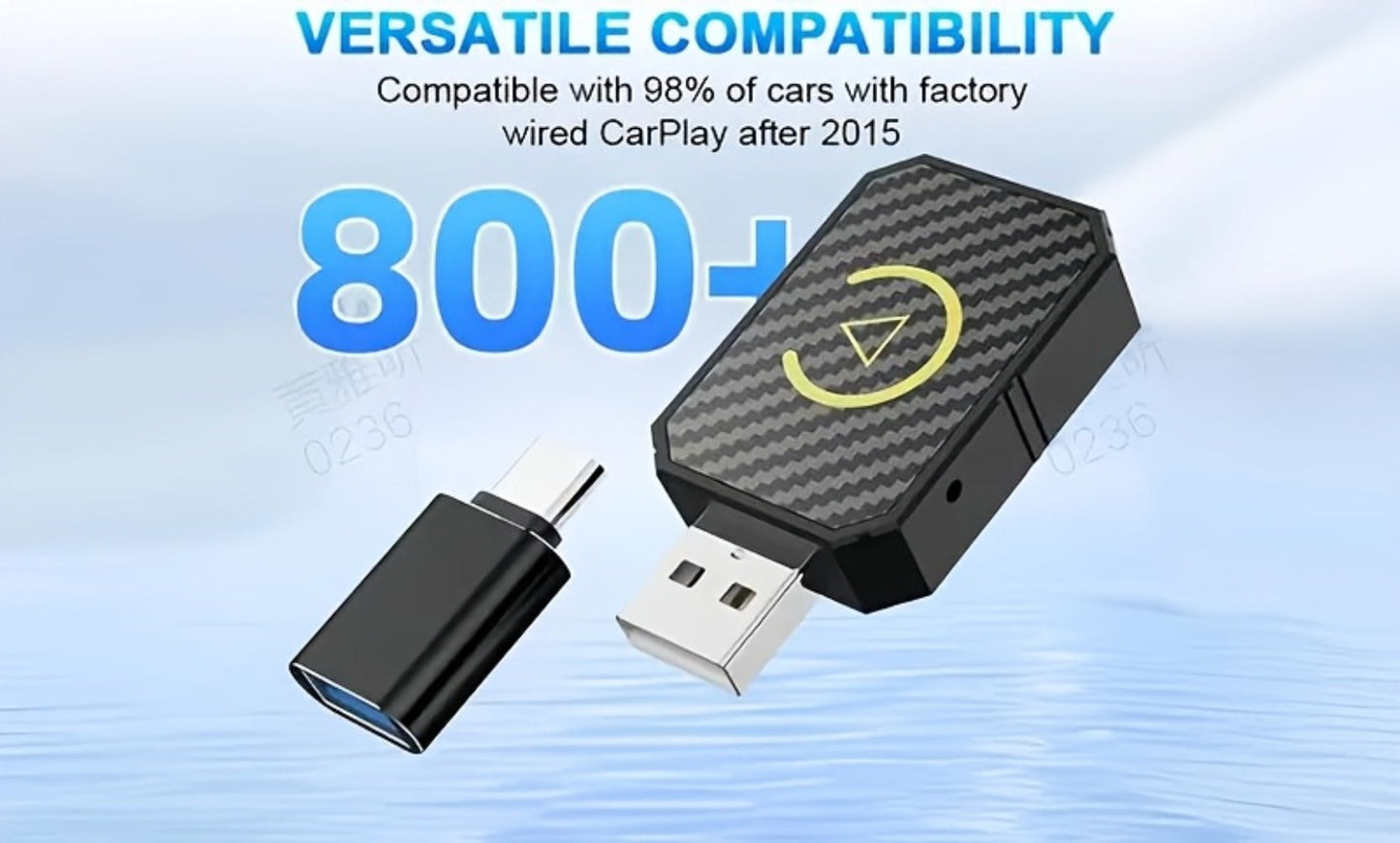Mini Wired-to-Wireless CarPlay Adapter with USB-A Plug and USB-C Adapter in USB Set Pictured