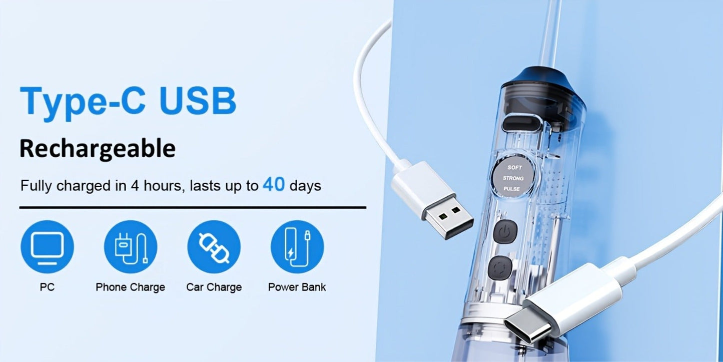 Water Flosser Srivdk Cordless Oral Irrigator with 300ml Tank, Three Pressure Modes, Six Nozzles and USB-C Charging