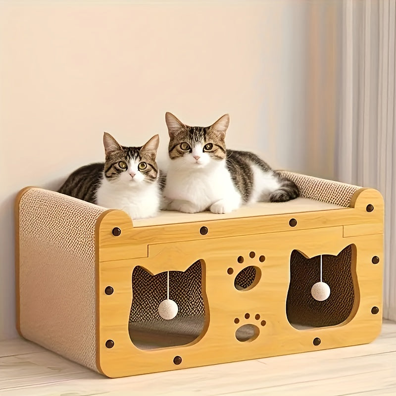 Cat Scratcher House Cardboard Cat Bed with Feather Wand Toy – Indoor Outdoor Cat Hideout for Scratching, Hiding & Resting