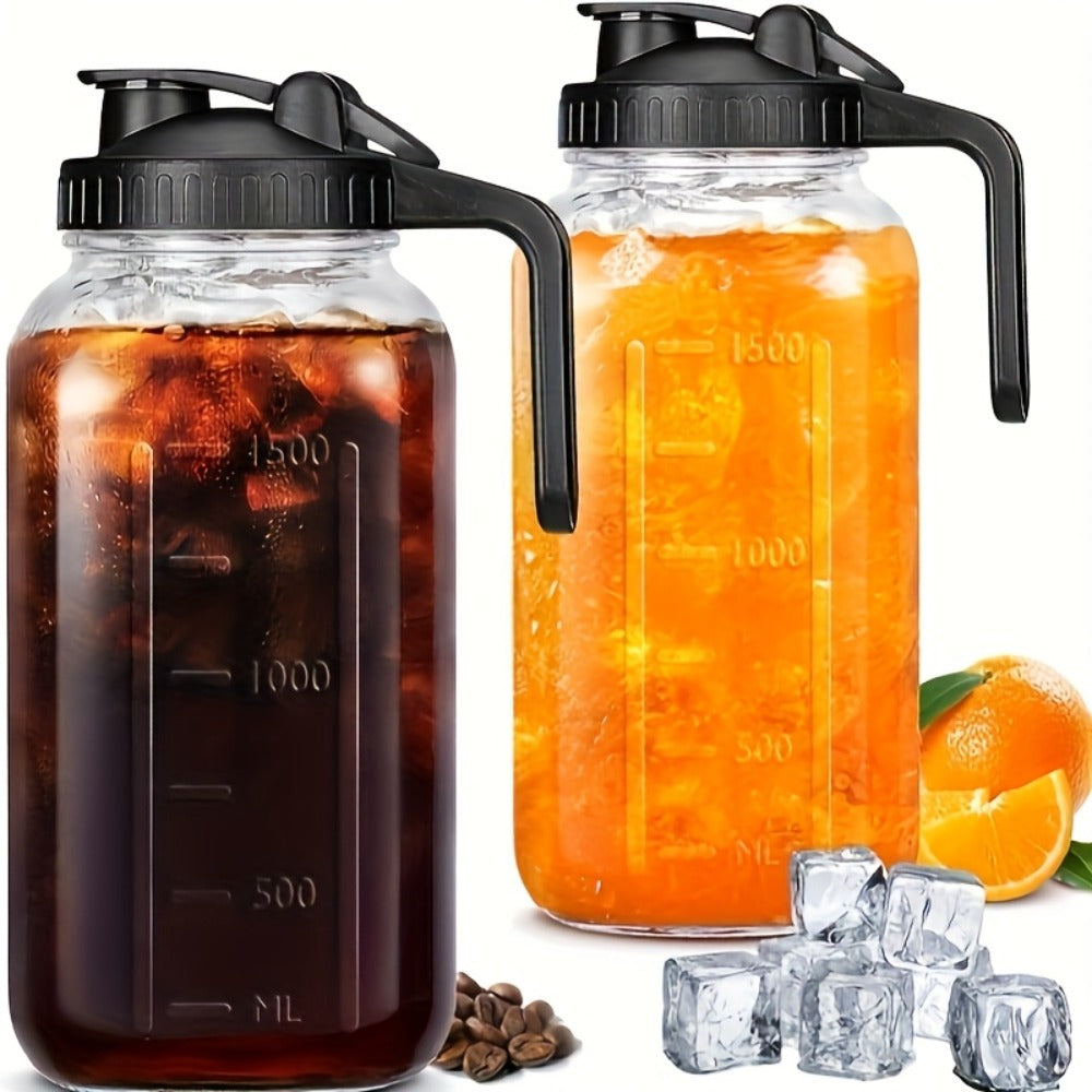 64oz Mason Jar with Handle and Lid 2/3 Pack, Borosilicate Glass Beverage Carafe, Leak-Proof Drinking Jar for Juice