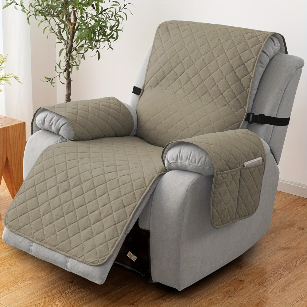 Diamond-Quilted One-Piece Recliner Chair Cover with Side Pocket, Buckle Strap and Eight Colors