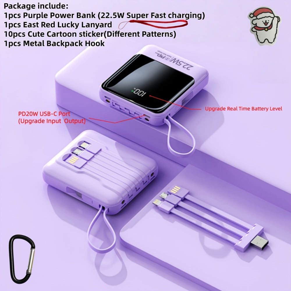 Power Bank 10000mAh with Built-In Cable Set, 5W/15W/22.5W selections, Display and Lanyard for Travel
