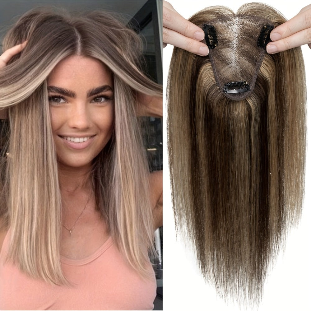 Hair Topper Human Hair Clip In Lace Base 8x10cm Curtain Bangs Thinning Hair Coverage 6-14 Inch | Highlight Blonde #27 #613 #12P613 #4P27