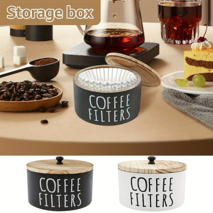 Wooden Coffee Filter Holder with Lid – Large Capacity Rustic Round Organizer Dispenser for Coffee Filters & Tea Bags, Bamboo Lid