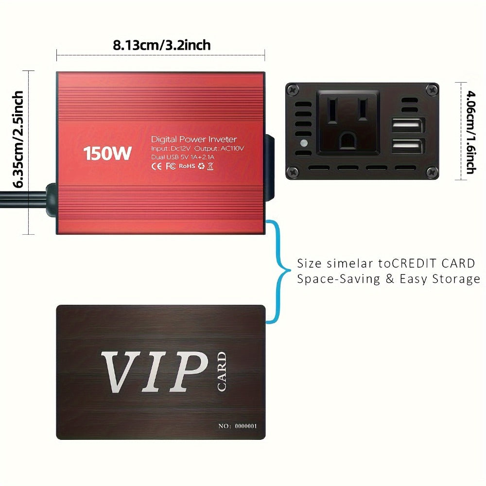 Red 150W Car Power Inverter with 12V DC Plug, 110V AC Outlet and Two USB-A Charging Ports for Vehicles