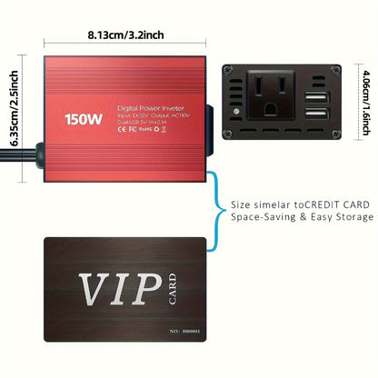 Red 150W Car Power Inverter with 12V DC Plug, 110V AC Outlet and Two USB-A Charging Ports for Vehicles